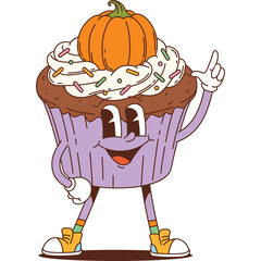 A Whimsical Cartoon Cupcake Character with a Pumpkin on Top and Sprinkles in a Cheerful Pose