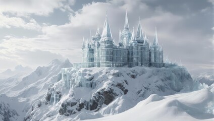 Obraz premium Crystal castle atop snow-capped mountain, icy, fantastical, winter wonderland scene
