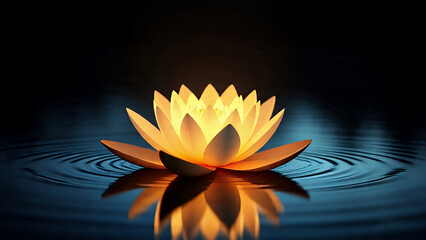 The sacred golden lotus flower glows softly in the dark pool, illuminated by dramatic spotlights, against a cinematic black background with reflective ripples.