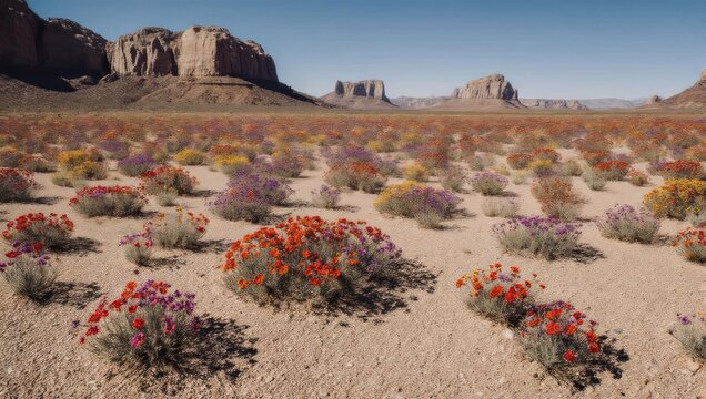 Desert landscape with wildflowers and distant mesas under a bright, clear blue sky