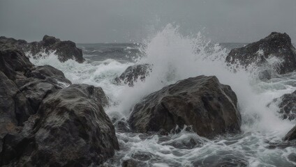 Crashing ocean waves against jagged dark rocks under a cloudy sky