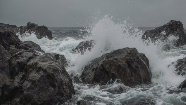 Crashing ocean waves against jagged dark rocks under a cloudy sky