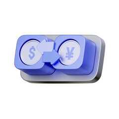 3D icon of a currency exchange interface with dollar and yen coins For foreign exchange rates, currency conversion, international money transfer, and forex trading.