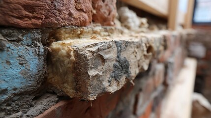 Fototapeta premium Close-up of Brick Wall Repair with Insulation Foam Installation