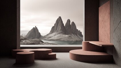 Modern interior showcases sculptural seating overlooking a dramatic mountain landscape.