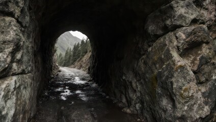 Obraz premium Dark tunnel carved through rough stone, revealing a road leading to a mountain vista