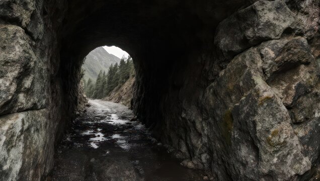 Dark tunnel carved through rough stone, revealing a road leading to a mountain vista - Powered by Adobe