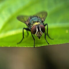 Fly perched on green leaf looking directly