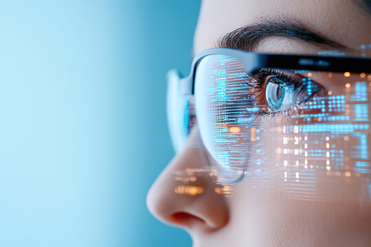 Close up of person eye with digital data reflections on glasses, symbolizing technology and innovation