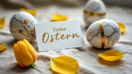 Luxurious Easter decorations with a minimalist flat-lay style: marble eggs, gold accents, tulip petals scattered on soft linen fabric.