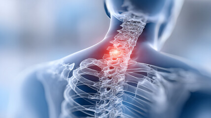 Cervical Spine with a painful segment emphasized to represent neck injury, nerve compression, and musculoskeletal disorders.
