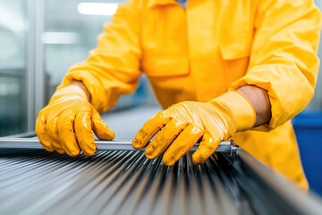 Mechanical engineer in yellow uniform adjusts high speed conveyor with precision