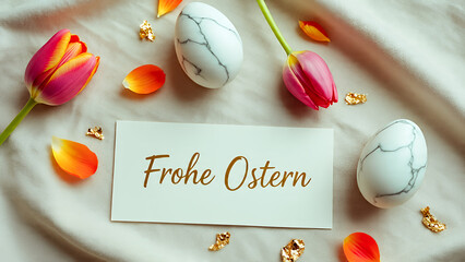 Luxurious Easter decorations with a minimalist flat-lay style: marble eggs, gold accents, tulip petals scattered on soft linen fabric.