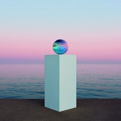 Iridescent sphere rests on pedestal against tranquil ocean sunset.
