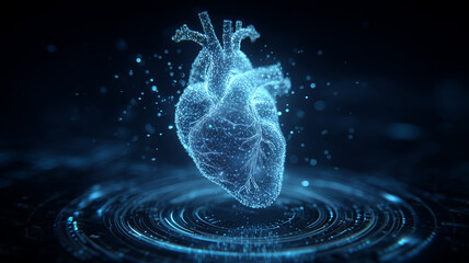 Futuristic heart composed of data points visualizing health analytics, AI diagnostics and the evolution of medical technology.
