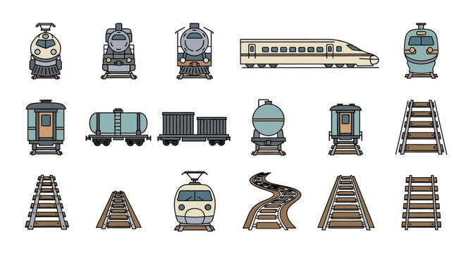 Collection of various train types, including locomotives, passenger cars, and railway tracks, illustrated in a detailed style.