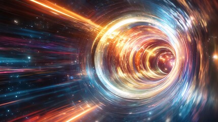 Vibrant cosmic tunnel through swirling nebula with dazzling lights and energy for dynamic interstellar sci-fi phenomenon concept