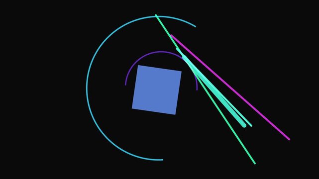 Abstract geometric composition with a blue square, intersecting lines, and curved shapes on a black background