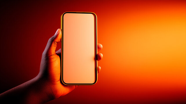 Hand presenting smartphone with blank screen for app showcase, mobile services, and digital brand promotion.
