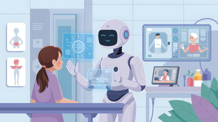 Robot and girl interact with holographic medical data