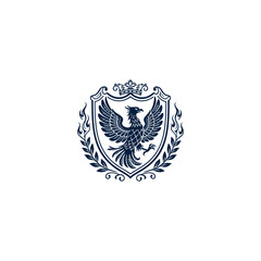 Fototapeta premium Majestic Eagle or Phoenix bird with spread wings, centered on an ornate heraldic shield, topped with a crown and surrounded by laurel wreaths