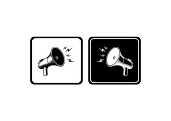 A graphic image showing two square icons with a megaphone emitting a loud sound, one in black on white and the other inverted.