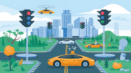 Orange taxi and flying car in city traffic with traffic lights © srdesignhouse