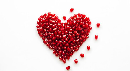 Pomegranate seeds arranged in a heart shape on a white background, with some seeds scattered around.