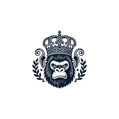 Fototapeta premium Fierce gorilla head wearing an elaborate royal crown, framed by decorative flourishes and laurel wreaths vector illustration