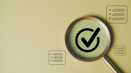 Checklist management concept with magnifying glass focusing on checkmark icon and task lists. Ideal for quality assurance, task tracking, auditing, and project process validation in business.
