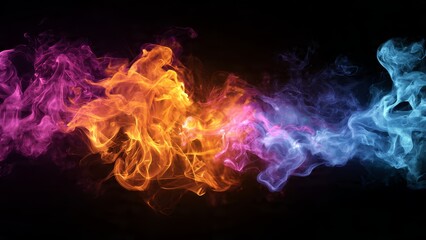 Fototapeta premium Wisps of purple orange and blue smoke swirl against a dark background vapor