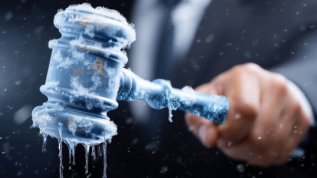 A frozen judge gavel in motion, conveying legal freeze actions such as sanctions moratoriums and regulatory enforcement under extreme conditions.
