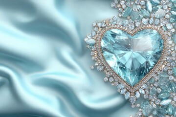 Heart shaped aquamarine gem surrounded by sparkling diamonds on silk.