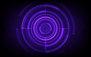 Futuristic digital tech circle with glowing purple concentric rings and abstract interface design, representing cyber technology, innovation, data system, and modern digital communication concept.