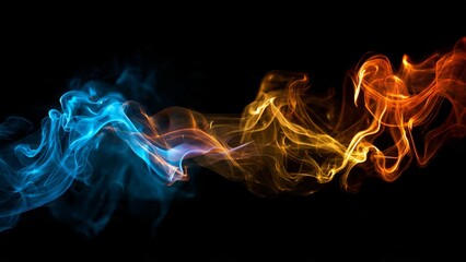 Fototapeta premium Swirling abstract blue and orange smoke plumes against a stark black background