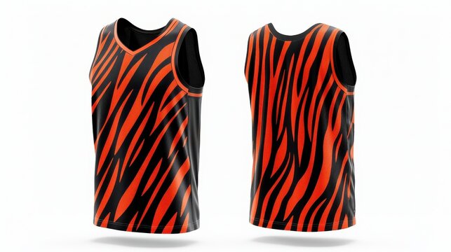 basketball jersey mockup, front and back view, black base with bold orange tiger stripe details, isolated on a white background - Powered by Adobe