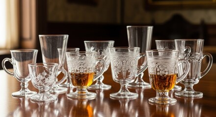 Obraz premium Vintage crystal glass cups with tea on wooden table in warm light, evoking nostalgia and elegance.
