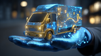 A digital delivery van resting on a hand, visualizing smart logistics with route optimization and data driven fleet management for faster service.
