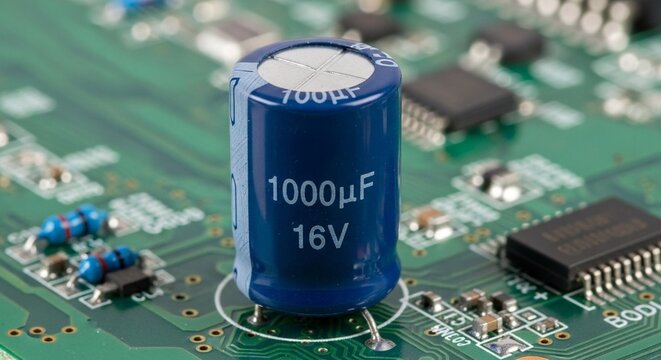 基板に取り付けられた電解コンデンサのクローズアップ写真