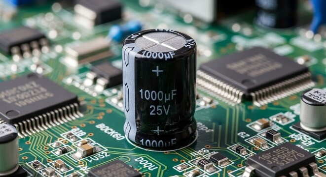 基板に取り付けられた電解コンデンサのクローズアップ写真