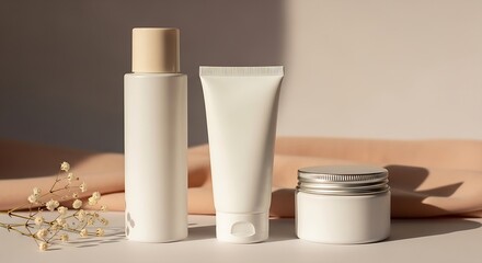 Minimalist Set of Three White Cosmetic Products with Gypsophila Flower and Drape