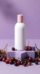 White Cosmetic Bottle Mockup on Purple Stone Pedestal with Grapes