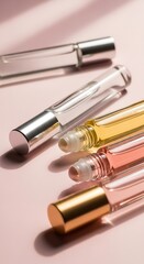 Close-up of Colorful Roller Bottles for Essential Oils or Perfume on Pink Background