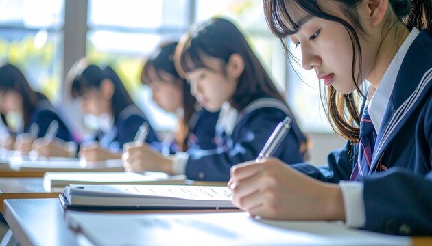 Japanese School Students in Uniform studying at Classroom