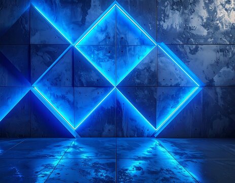 Illuminated geometric patterns and a polished floor in a blue hue