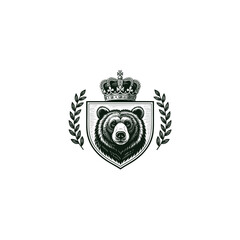 Obraz premium Regal bear head centered on a medieval-style shield, topped with an ornate royal crown and framed by laurel wreaths and a flowing banner vector illustrations