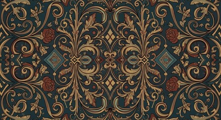Ornate Seamless Floral and Scrollwork Pattern with Golden Motifs on Teal Background, Elegant Decorative Art Nouveau and Baroque Style Design