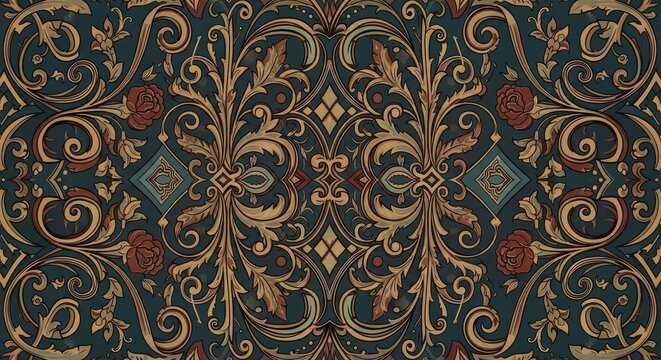 Ornate Seamless Floral and Scrollwork Pattern with Golden Motifs on Teal Background, Elegant Decorative Art Nouveau and Baroque Style Design