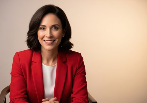 Confident professional woman in red blazer smiling directly at the camera in a studio portrait.