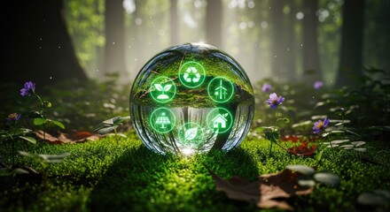Luminous Glass Sphere Showcasing Green Sustainability Icons Amidst a Vibrant, Sun-Drenched Forest Floor